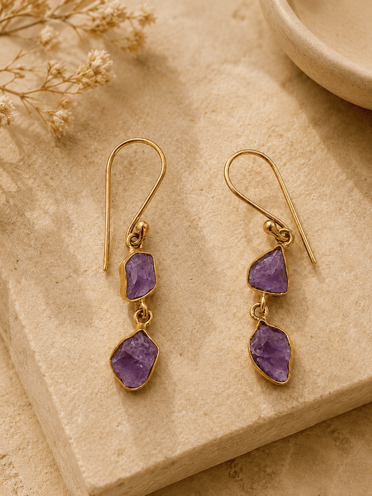 Naarya Jewels Amethyst Raw Quartz Double Drop Earrings