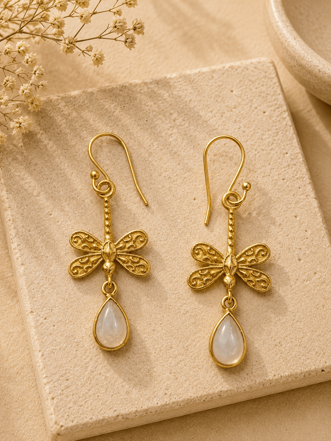 Naarya Jewels Moonstone Verdant Dragonfly Drop Earrings