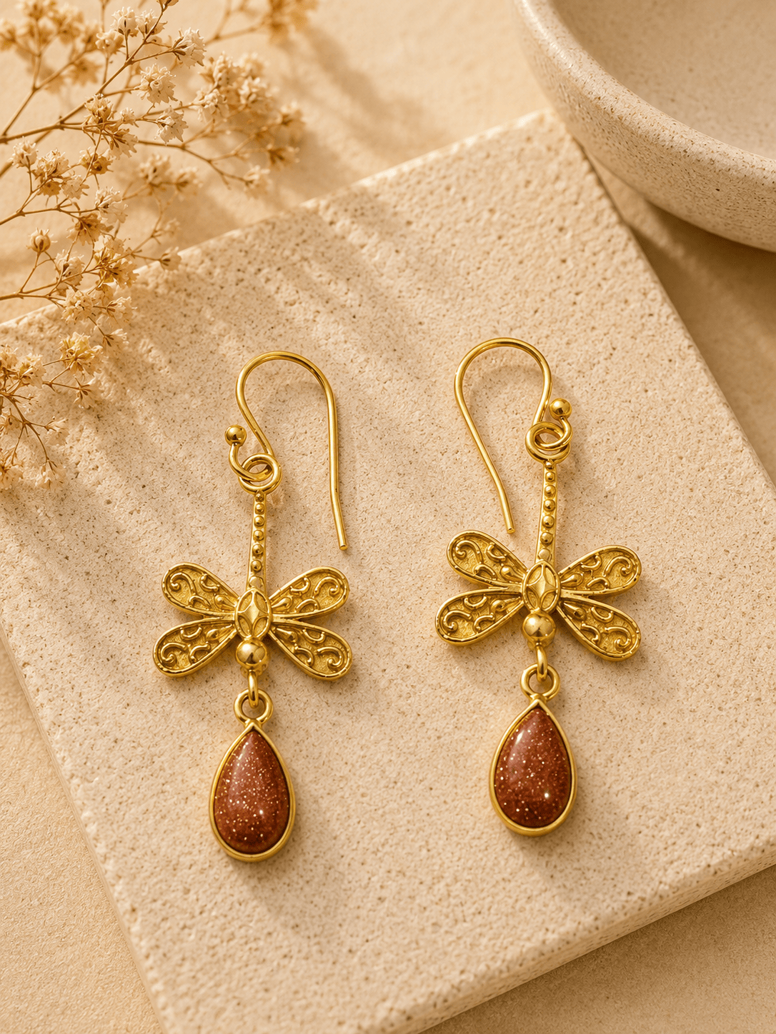 Naarya Jewels Gold stone Verdant Dragonfly Drop Earrings