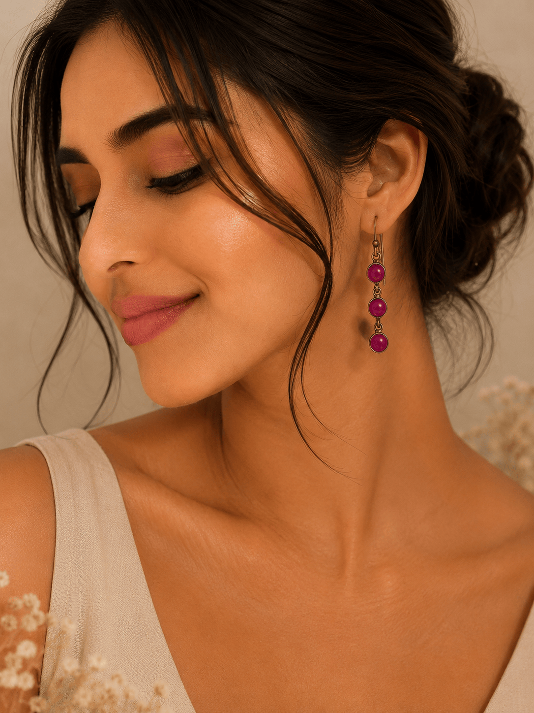 Naarya Jewels Rubellite Round Tier Drop Earrings