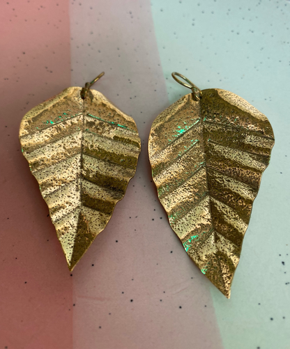 Textured Gold Leaf Long Brass Earrings (Anti Tarnish)