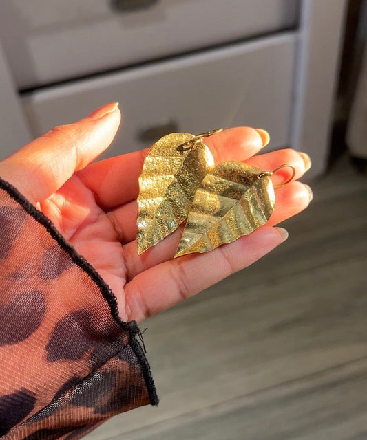 Textured Gold Short Leaf Brass Earrings (Anti Tarnish)
