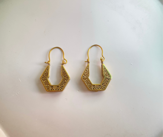 Hexagonal Ancient Greek Pattern Brass Earrings (Anti Tarnish)