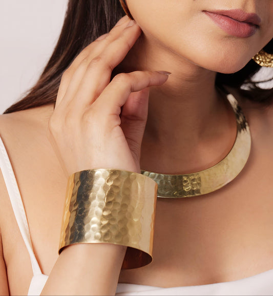 Hammered Glory – Statement Set (Earrings + Choker + Cuff) (Anti Tarnish)